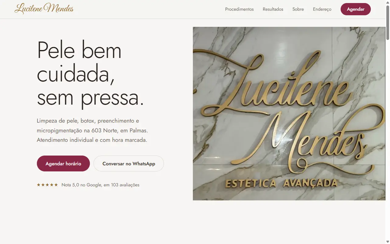 Página inicial da Lucilene Mendes Clínica de Estética no computador