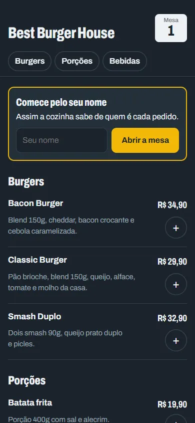 Cardápio da mesa 1 no celular, com o campo para o cliente digitar o nome e abrir a mesa