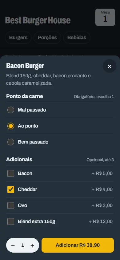 Tela de opções do Bacon Burger com ponto da carne ao ponto e cheddar adicional, total de 38 reais e 90 centavos