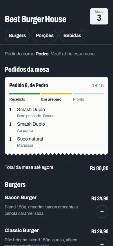 Pedido da mesa 3 com a etapa em preparo destacada